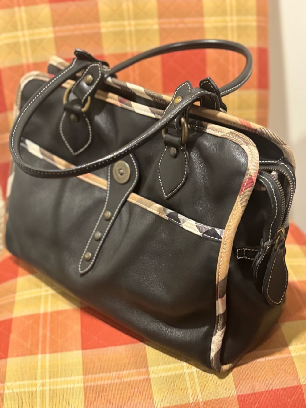 Burberry Black Leather Satchel with Check Trim